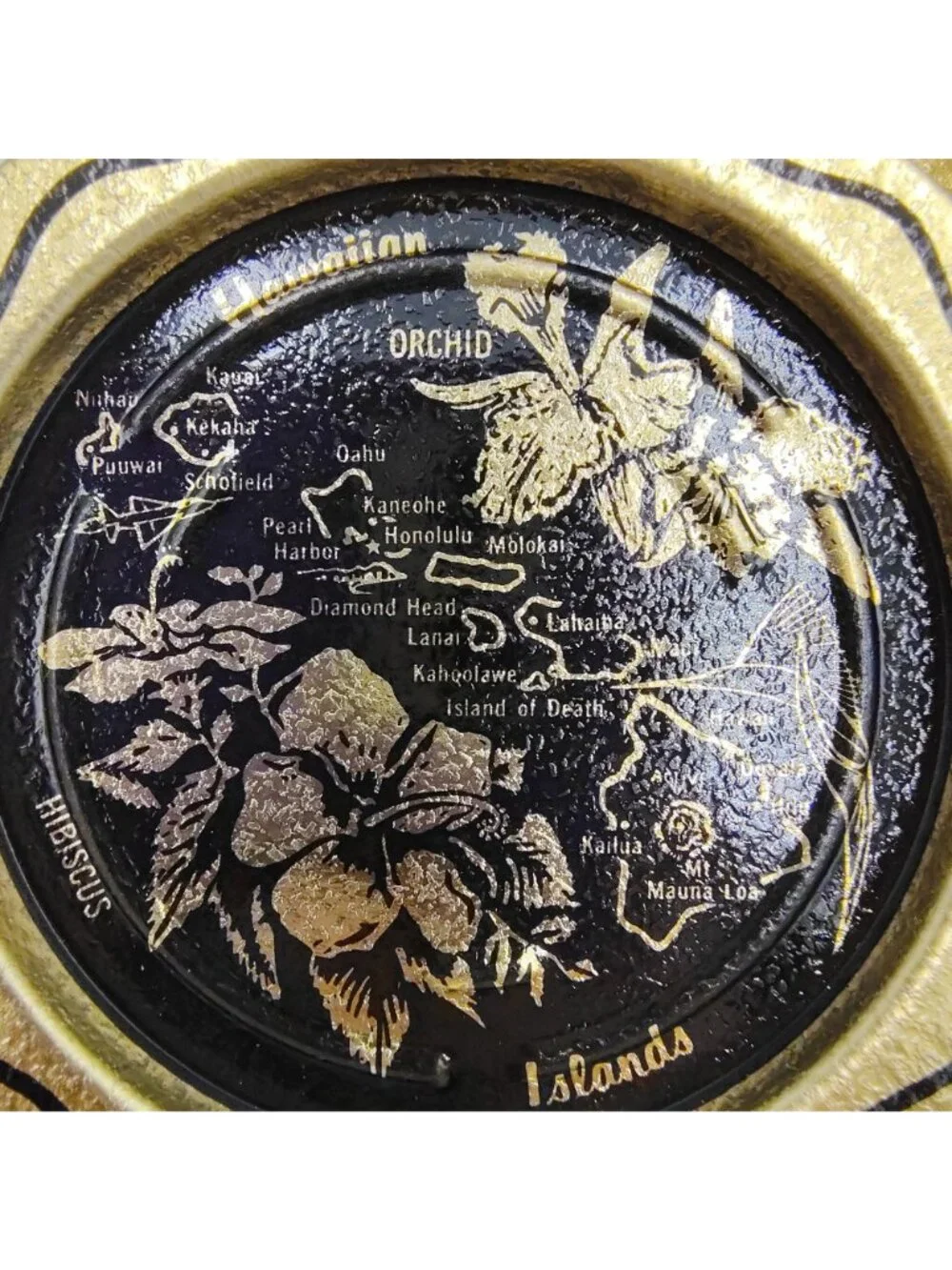 Hawaii Souvenir Metal Coaster Set 6 Vintage Gold Black Orchid Island Map 3.5